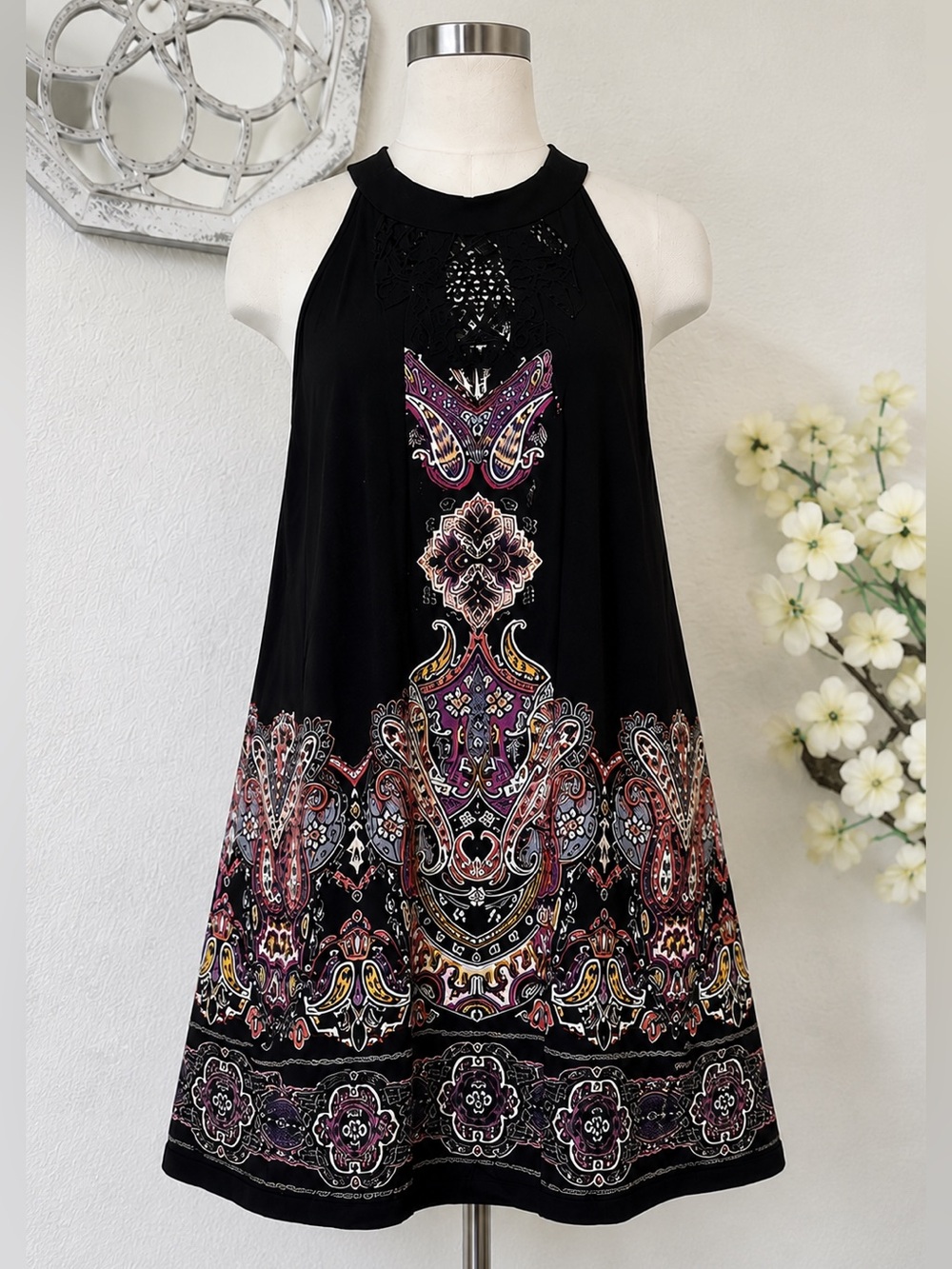 Xhilaration • Black Paisley Border Print Halter Mini Dress